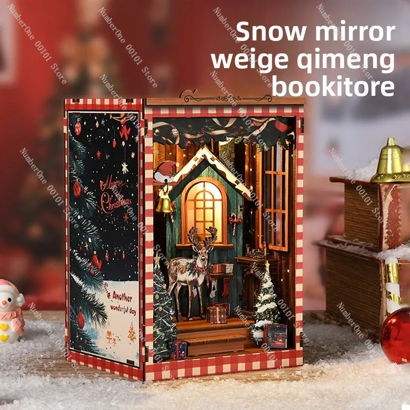 Snowy Pavilion DIY Bookend House Model, Christmas Festival Miniature Scene, Handmade Wooden Assembly Book Decor