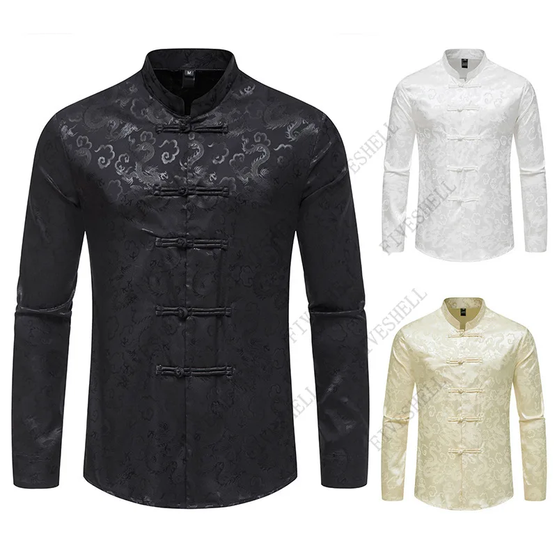 2024 Chinese Traditional Uniform Top Kungfu Shirt Men Dragon Pattern Martial Arts Shirt Men Long Sleeve Tang Suit Shirt