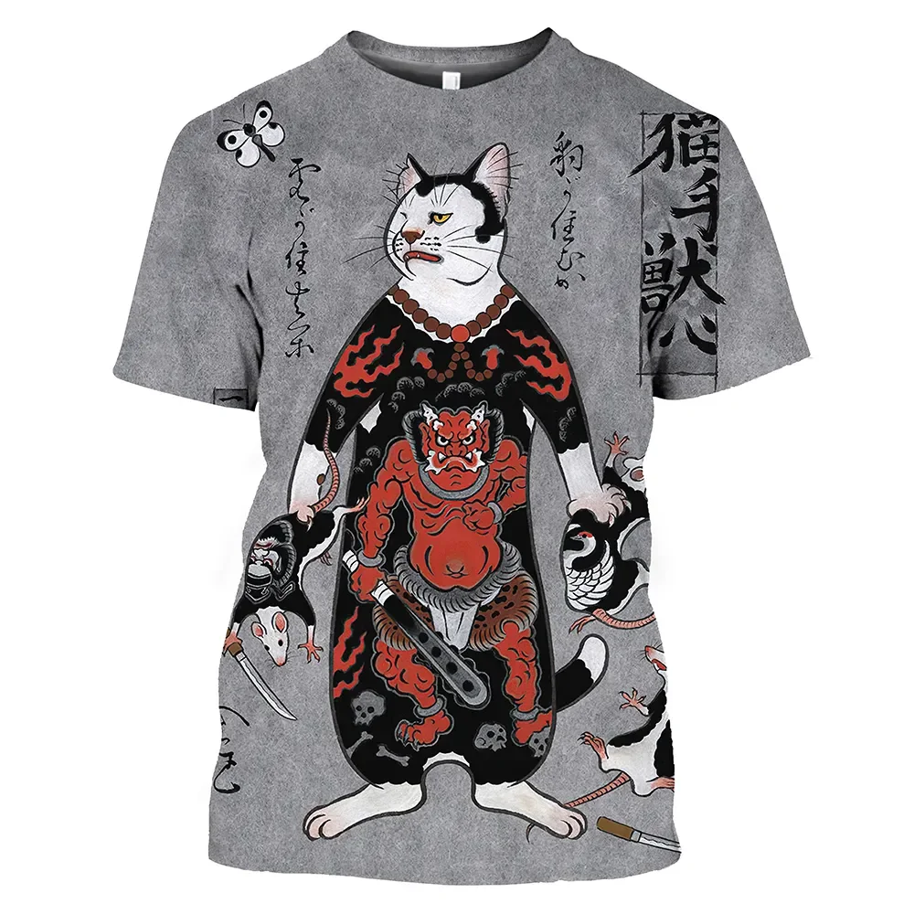 New Vintage T Shirt Men Japanese Style Short Sleeve Tops 3D Cat Tattoo Print O-neck T-shirts Oversized Tee Shirt Men Clothing