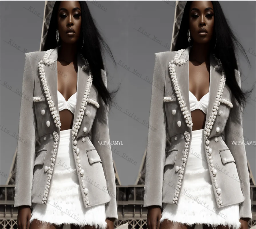 

Grey Women Suits 1 Piece Pearls Blazer Luxury Customized Office Lady Jacket Wedding Coat