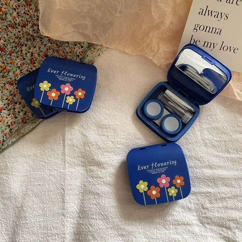 Mini Korean Women Floral Contact Lens Case Portable Travel Kit with Mirror Tweezers for Student Use