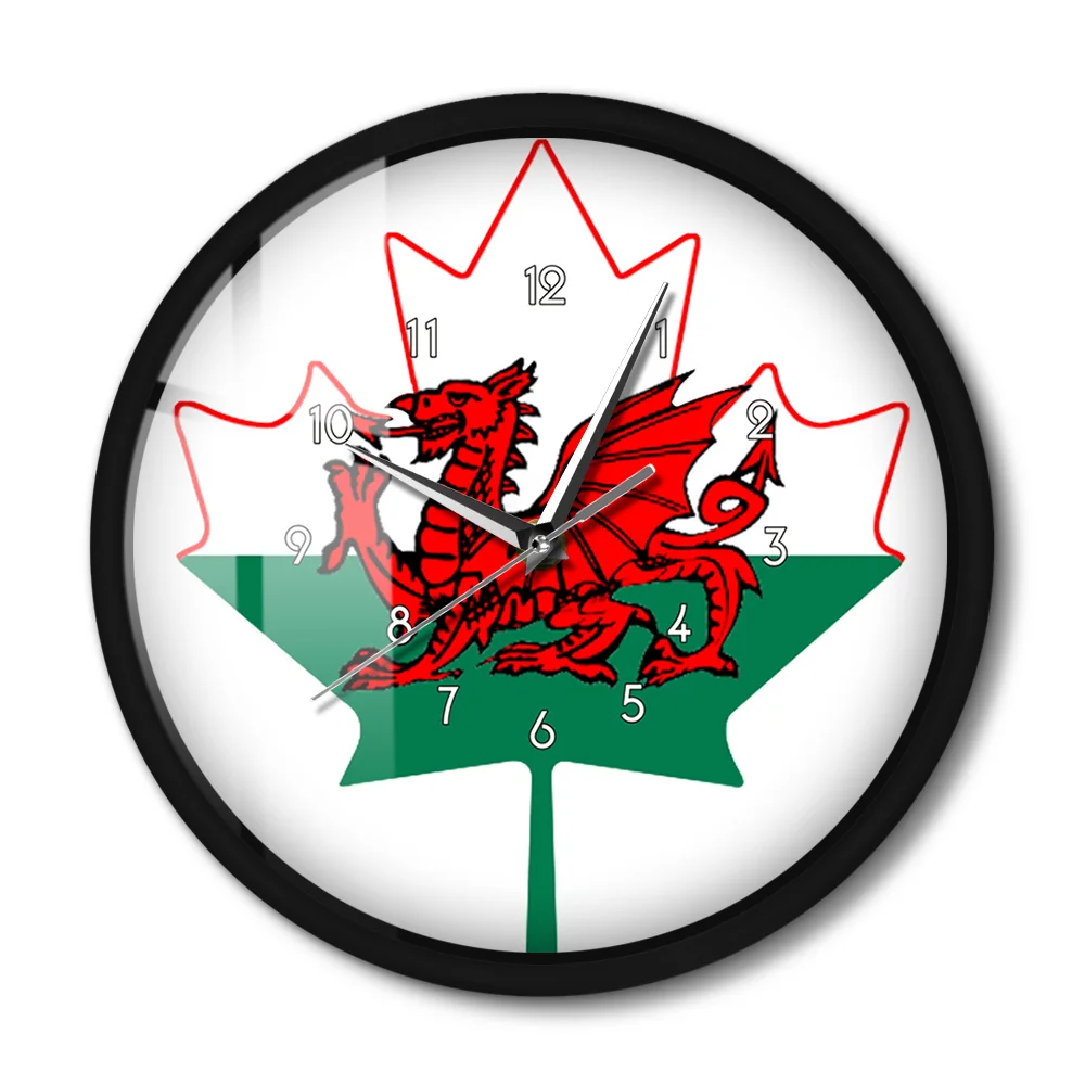 Flag Of Wales Metal Frame Wall Clock Silent Welsh Red Dragon On White Green Maple Leaf Y Ddraig Goch UK Britain Wall Watch