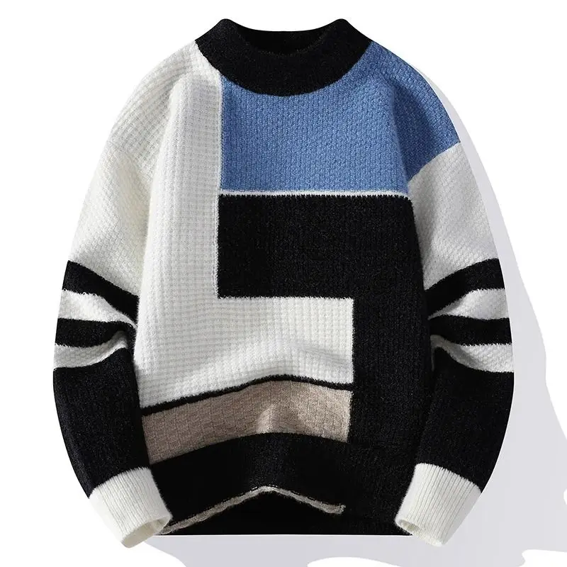 Autumn Winter New Fashion Round Neck Long Sleeve Pullovers Men's Clothing Patchwork Color Blocking Knitting Korean Loose Tops