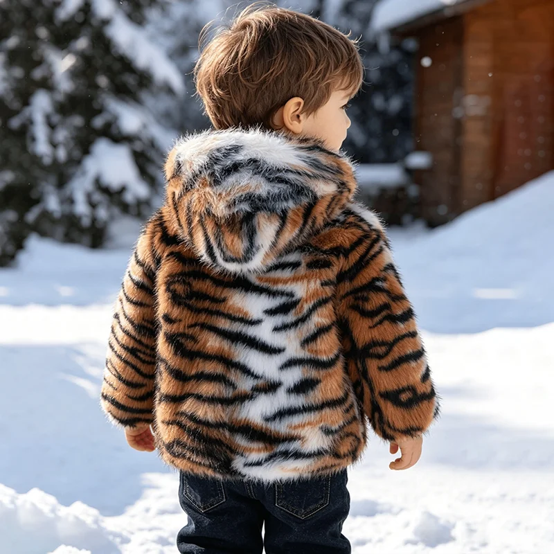 2-8 Years Boys Tiger Stripe Faux Fur Hooded Jacket Kids Plush Warm Windproof Zipper Coat Autumn Winter Casual Sports Outerwear