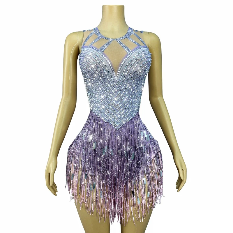 Błyszczący strój z cekinami i dżetami, damski kombinezon z frędzlami do tańca jazzowego, na imprezę w barze, klubie nocnym, dla DJ-a, na występy sceniczne, XS10284