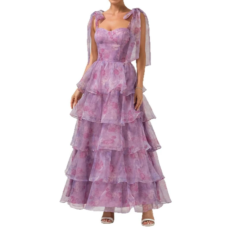 Spring and Summer New Sleeveless Fashion Floral Suspender Off-the-shoulder Lace-up Swing Dress Organza Dress