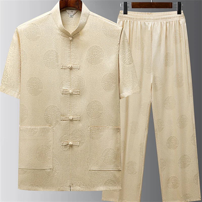 

Мужской костюм в китайском стиле, жаккардовый костюм для кунг-фу, униформа для тай-чи, традиционная китайская одежда, летний комплект из рубашки с короткими рукавами и брюк