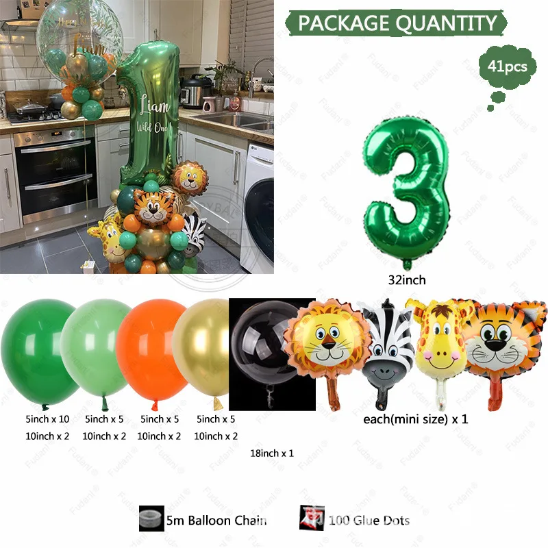 1set Carton Animal Balloons Tower 32inch Green Gold Number 1-9 Balloon For Kids Jungle Safari Wild One Birthday Party Decoration view 5