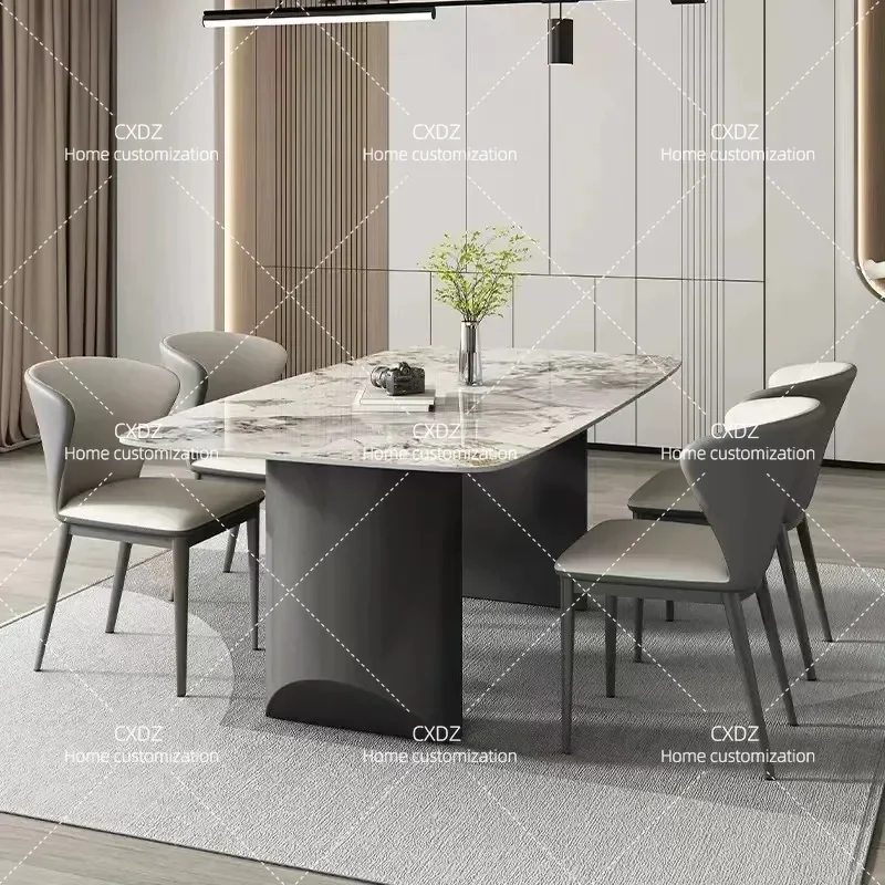 Modern Minimalist Rectangular Dining Table Light Luxury Rock Slab Top Stainless Steel Legs Small Apartment Household