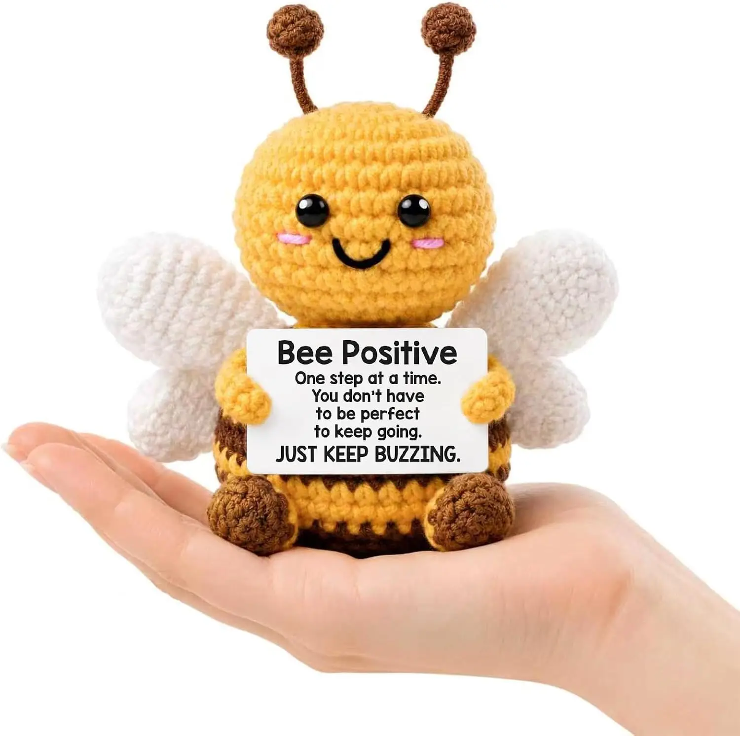 Crochet Positive Energy Bee Doll Hug Pocket Mini Handmade Knitting Dolls Funny Emotional Support Crochet Gift for Birthday
