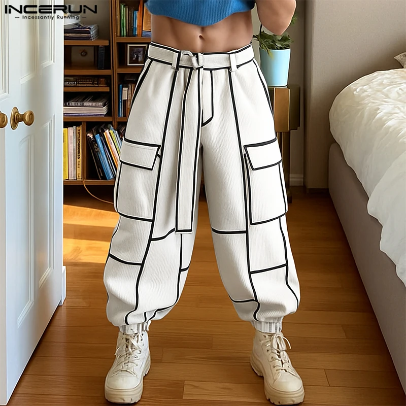 

INCERUN Men's Pants Patchwork Joggers Lace Up Button Loose Trousers Men Pockets Streetwear Fashion Casual Male Corduroy Pants