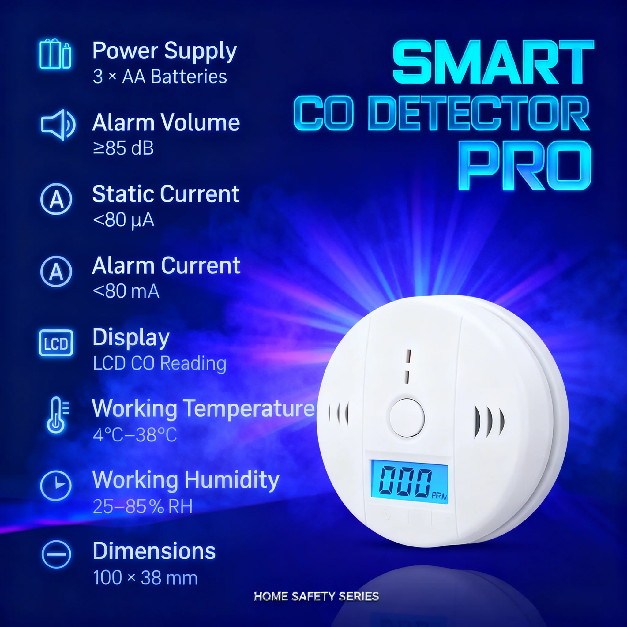 Anti-Interference CO Detector; 3-Stage Warning LCD Electrochemical Sensor for Home Safety Protection