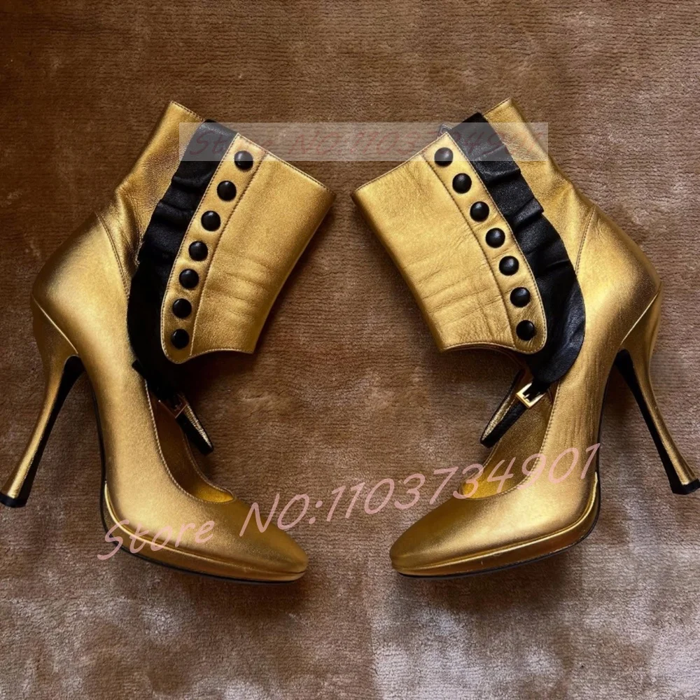 

Ботильоны с золотыми оборками, женские изящные ботильоны с круглым носком и пряжкой на ремешке, туфли Мэри Джейн на высоком каблуке, женские модные ботинки Twotone