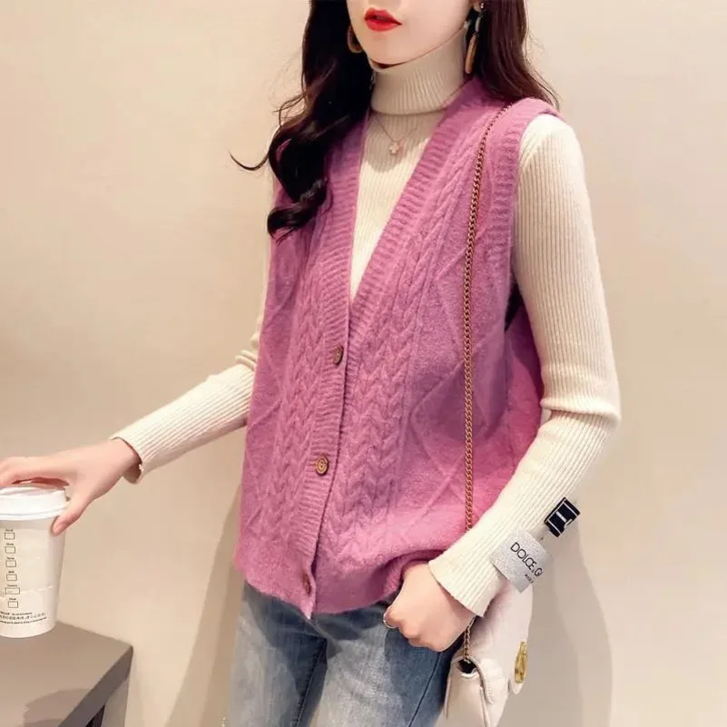 Women Sleeveless Single Breasted Vintage Kawaii Outewear Knitted Cardigan Y2K Simple Casual V Neck Sweater Vest Loose Waistcoat