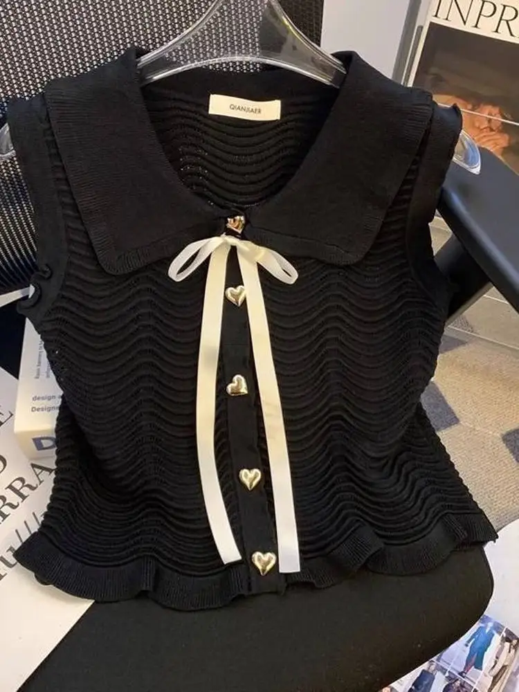 

Летний вязаный жилет из ледяного шелка для женщин, кардиган с открытым воротником, рукавами-крылышками, на пуговицах, повседневный свободный топ