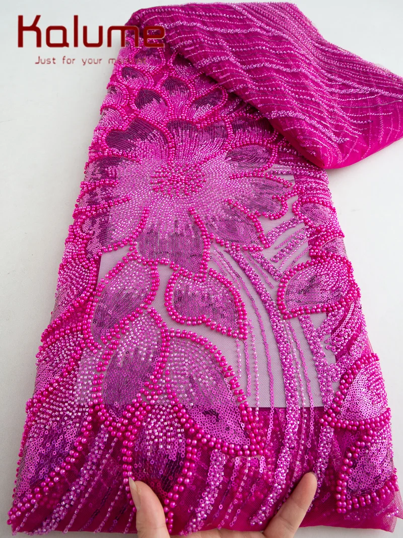 Kalume Lace Tulle Beaded Fabric 2025 High Quality 5 Yards French African Lace Fabric Luxury Wedding Dress for Women Sew F4623