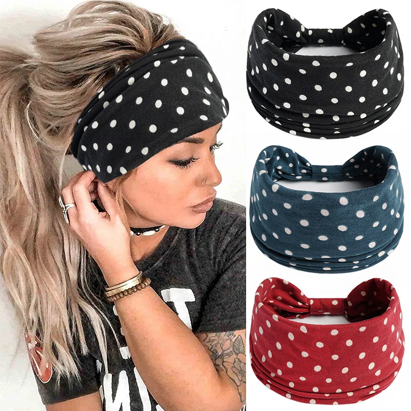 Boho breite Baumwolle Stretch Stirnbänder Polka Dot Knoten Headwrap Turban Frauen breite Yoga elastische Haar bänder Bandana Haarschmuck