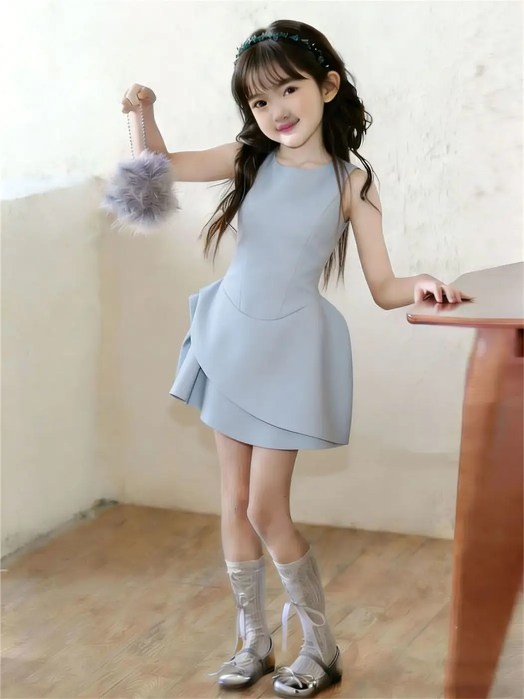 French girl's 2026 summer new blue irregular flower bud dress with girl's temperament, waist cinching dress, short skirt