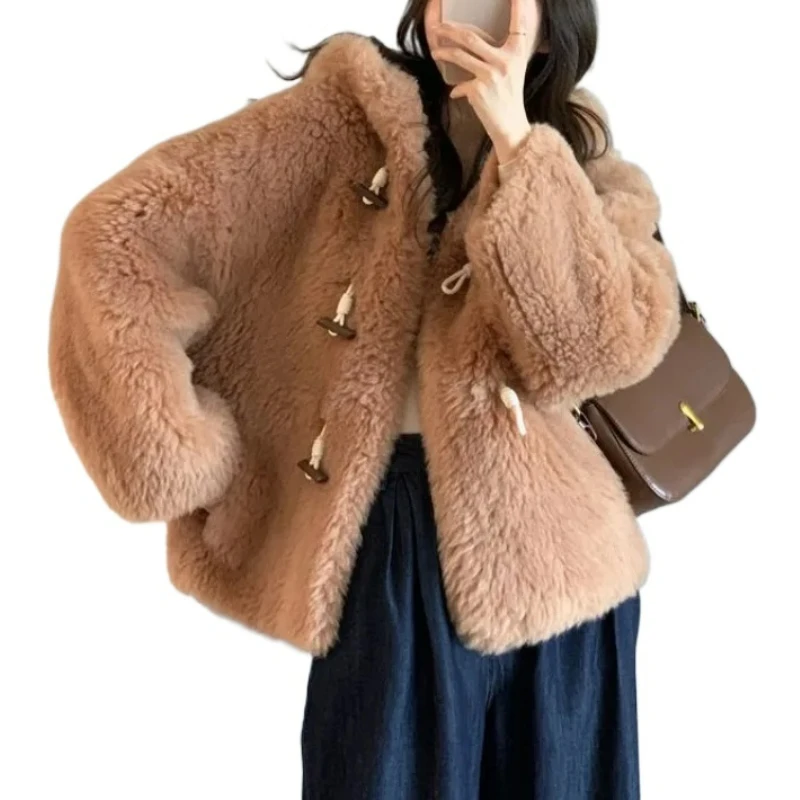 

Women's Hooded Lamb Wool Coat, Faux Fur Coat, Short Outwear, Thick, Warm, Casual, Monochromatic, Female Fashion, Winter, 2024