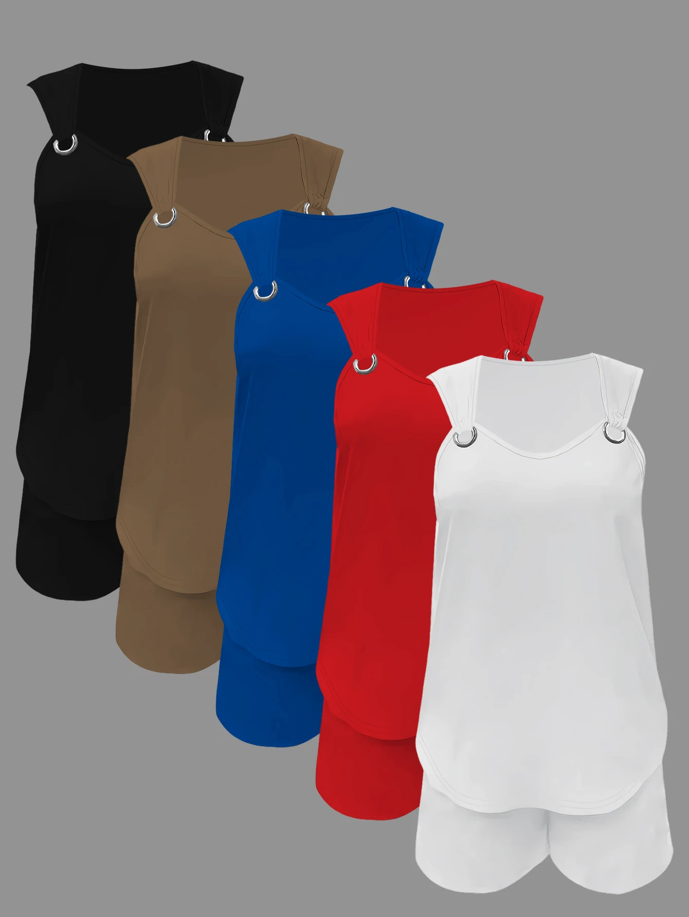 Eendelige dames zomerset met V-hals, effen kleur, mouwloos vest en shorts met ringdecoratie, los en casual