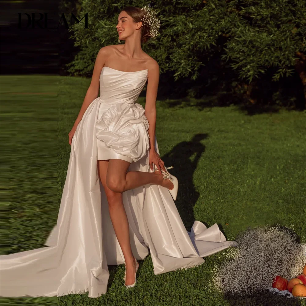 DREAM Two-Pieces Pleat Short Wedding Dress Women 2025 Satin Flower Open Back Boat-Neck Bridal Gown Vestidos De Novia Customized