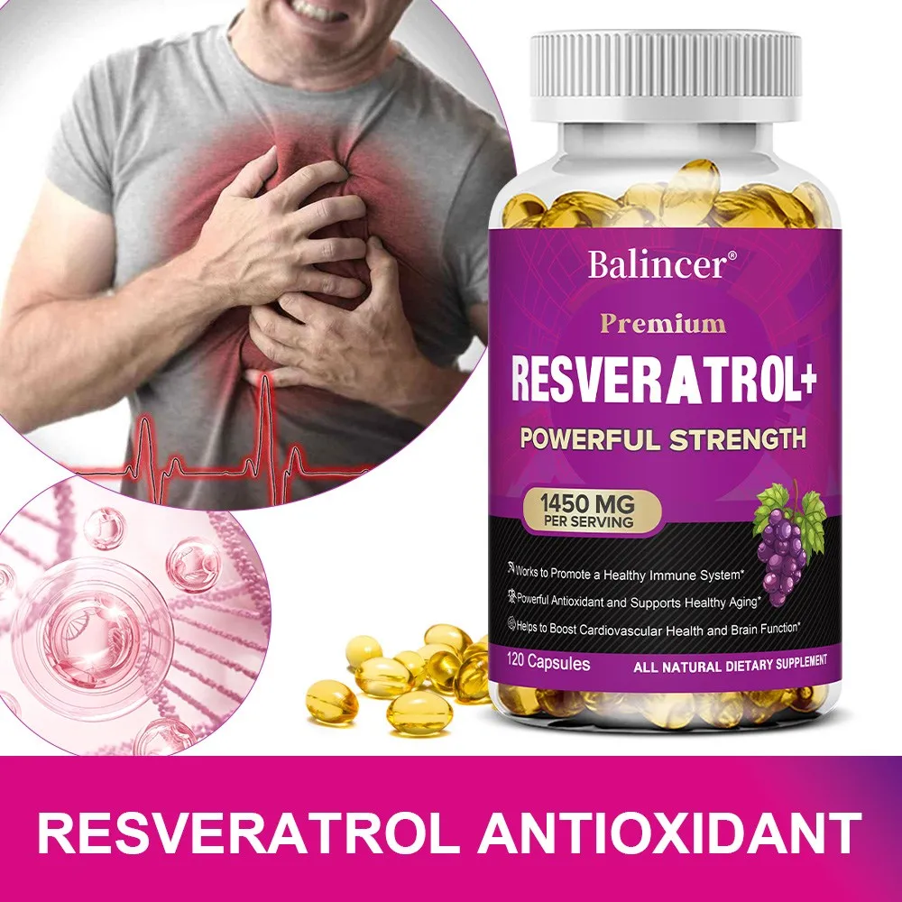Resveratrol 1450mg Antioxidant Supplement for Anti Aging Skin Health Immune Support Cardiovascular Heart Health Brain Function