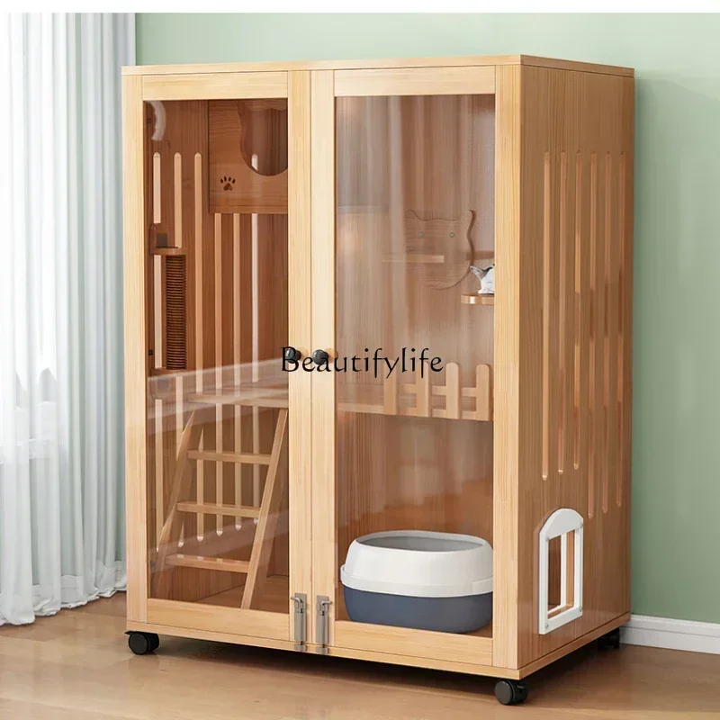 

FG44Cat Villa Solid Wood Breeding Cage Indoor Two-Layer Large Free Space