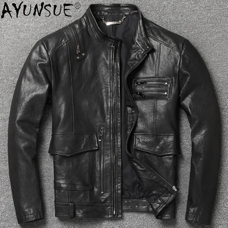 

AYUNSUE Vintage Genuine Leather Jacket Men Goatskin Coat Motorcycle Mens Leather Jackets and Coats Spring Autumn Hommes Veste