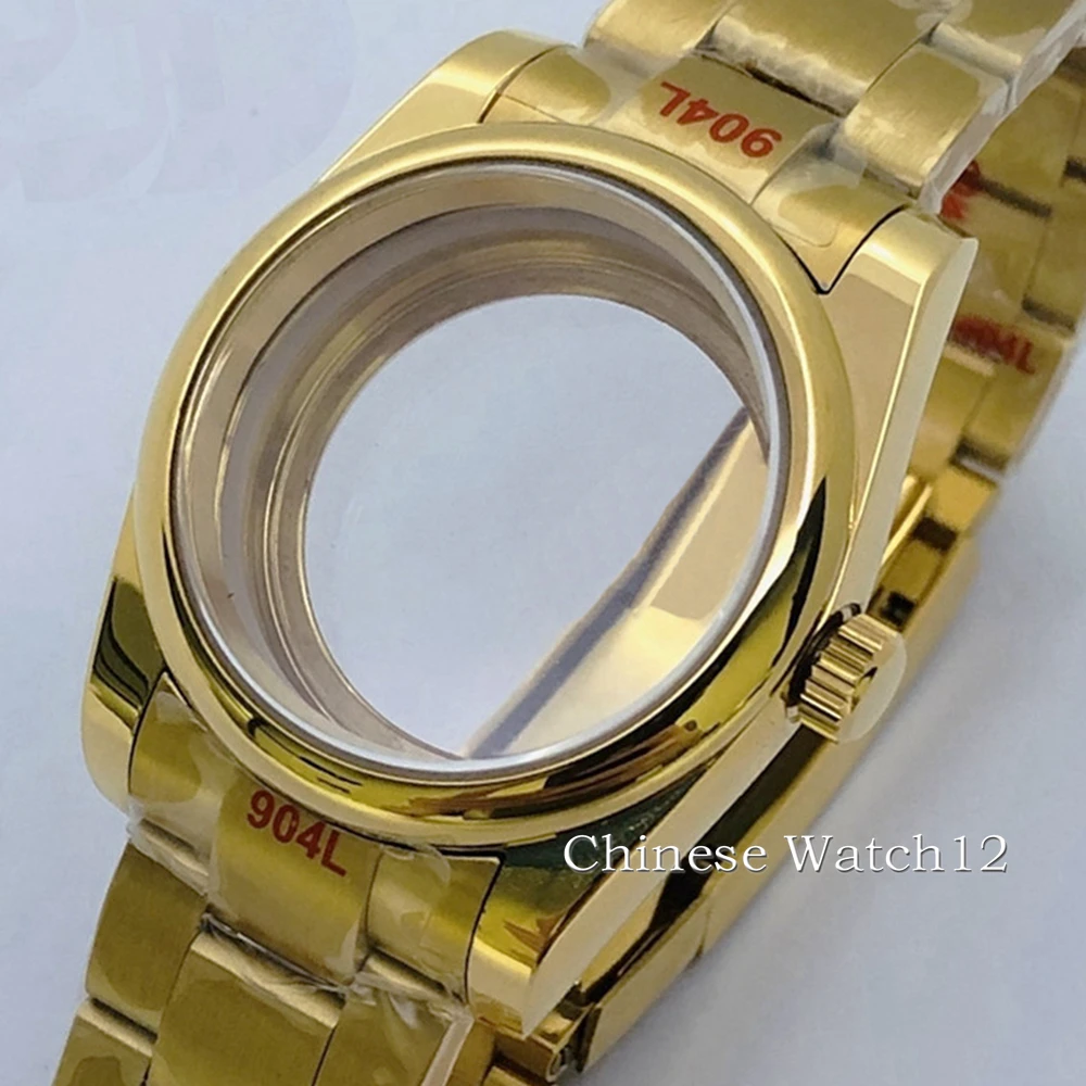 

36mm 39mm Silve Gold Plated Watch Case Circular bezel Sapphire Glass Fit NH35 NH36 Miyota 8215 2813 ETA Stainless Steel Bracelet