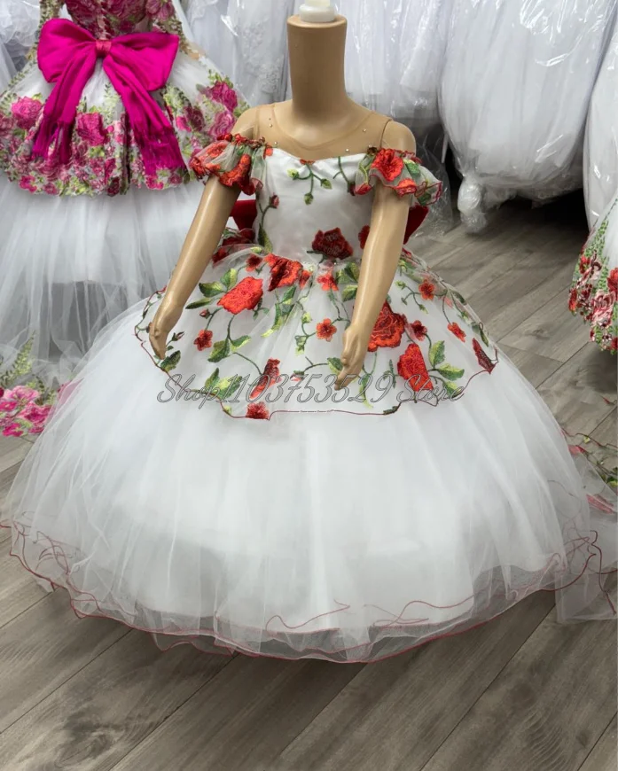 Luxury White Princess Flower Girl Dresses Delicate Applique Embroidered Tulle O Neck Mini Quinceanera Dress Beaded Bow Party