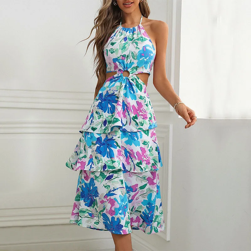 Hot-selling Sleeveless Neck Hollowed Out Vacation Style Printed Bow Dress