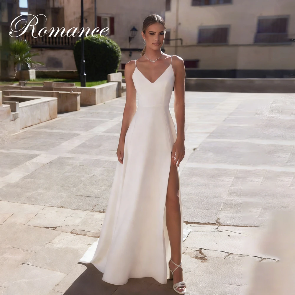 

Простое свадебное платье трапециевидной формы с v-образным вырезом, женское 2026, свадебное платье на тонких бретельках с открытой спиной и высоким разрезом по бокам, Vestidos De Novia по индивидуальному заказу