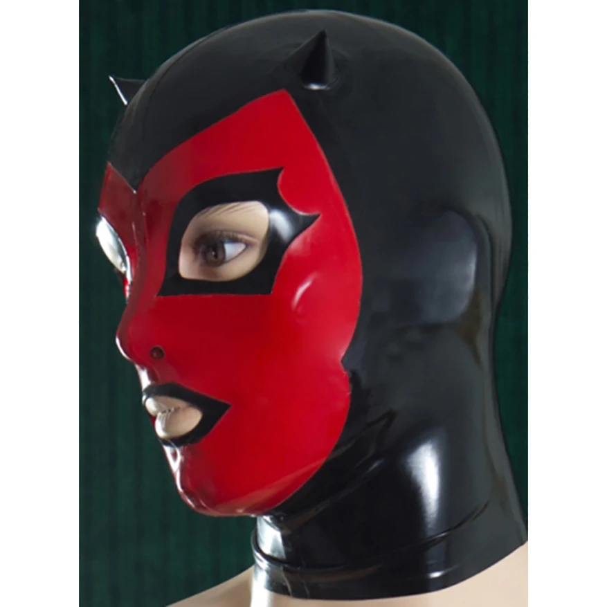 Sexy Natural Latex Unique Hood Rubber Men Mask With Small Horns Cosplay Black And Red Face Handmade Headwear RLM093