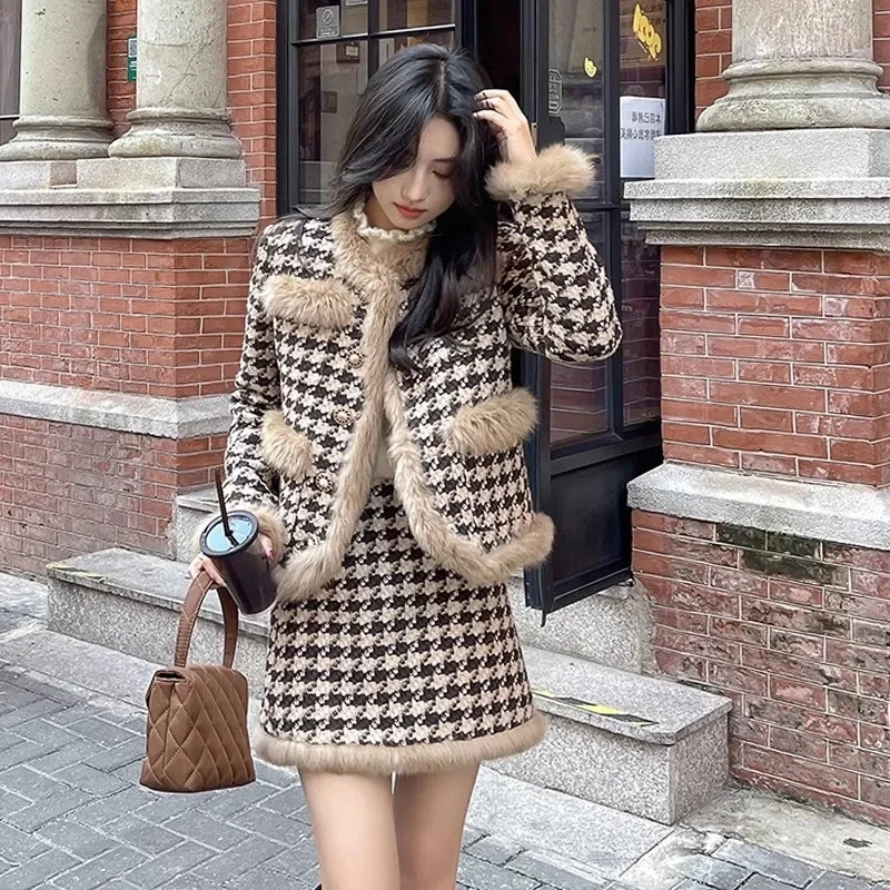 Autumn Winter New Chic Houndstooth Wool Coat + Short Skirt Women Set Skirt Fashion LooseOversize 4XL Plaid Skirt Two-piece Skirt