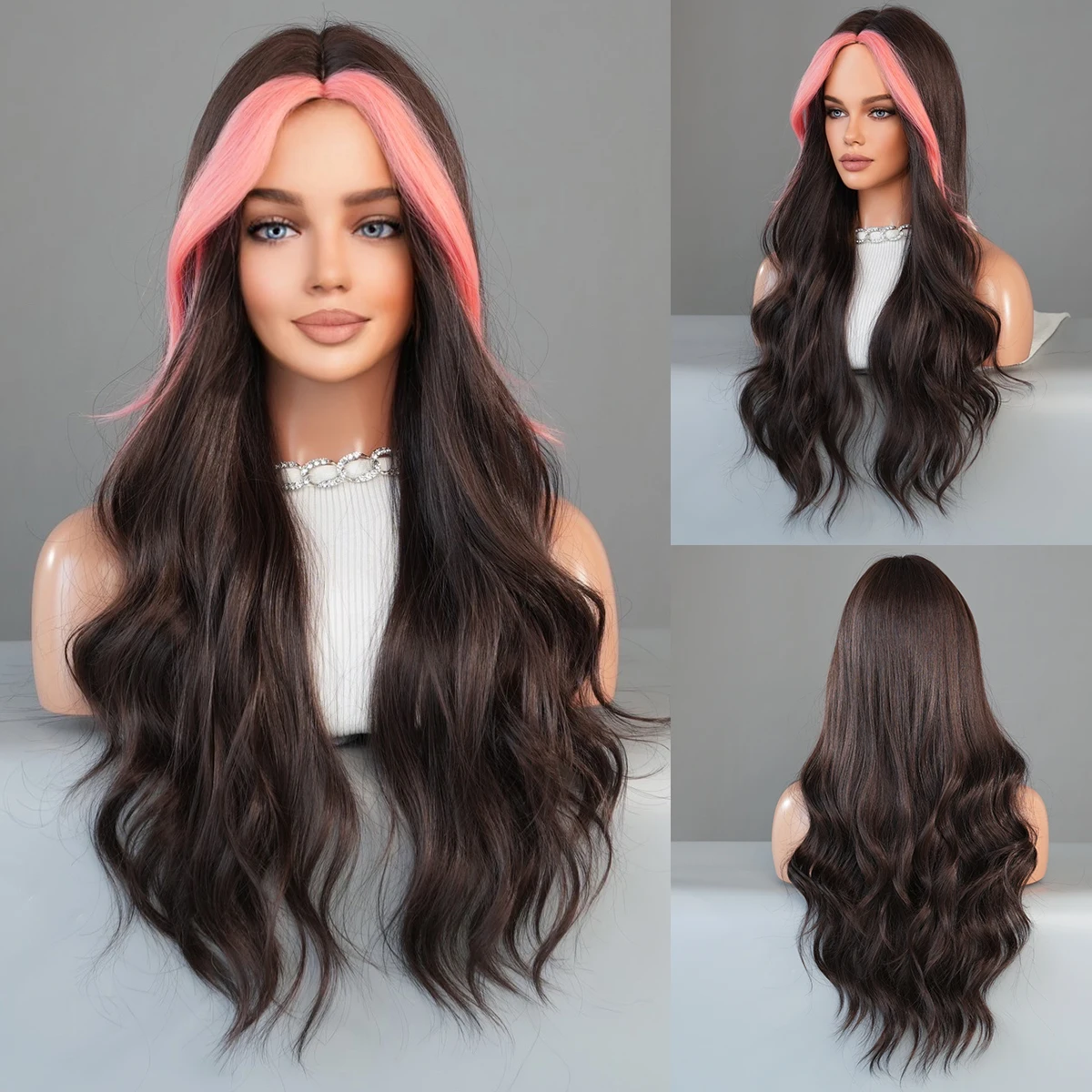 

PARK YUN Long Wavy Middle Part Wine Brown Wig for Women Daily Cosplay Synthetic Highlight Pink Hair Wigs Lolita Heat Resistant