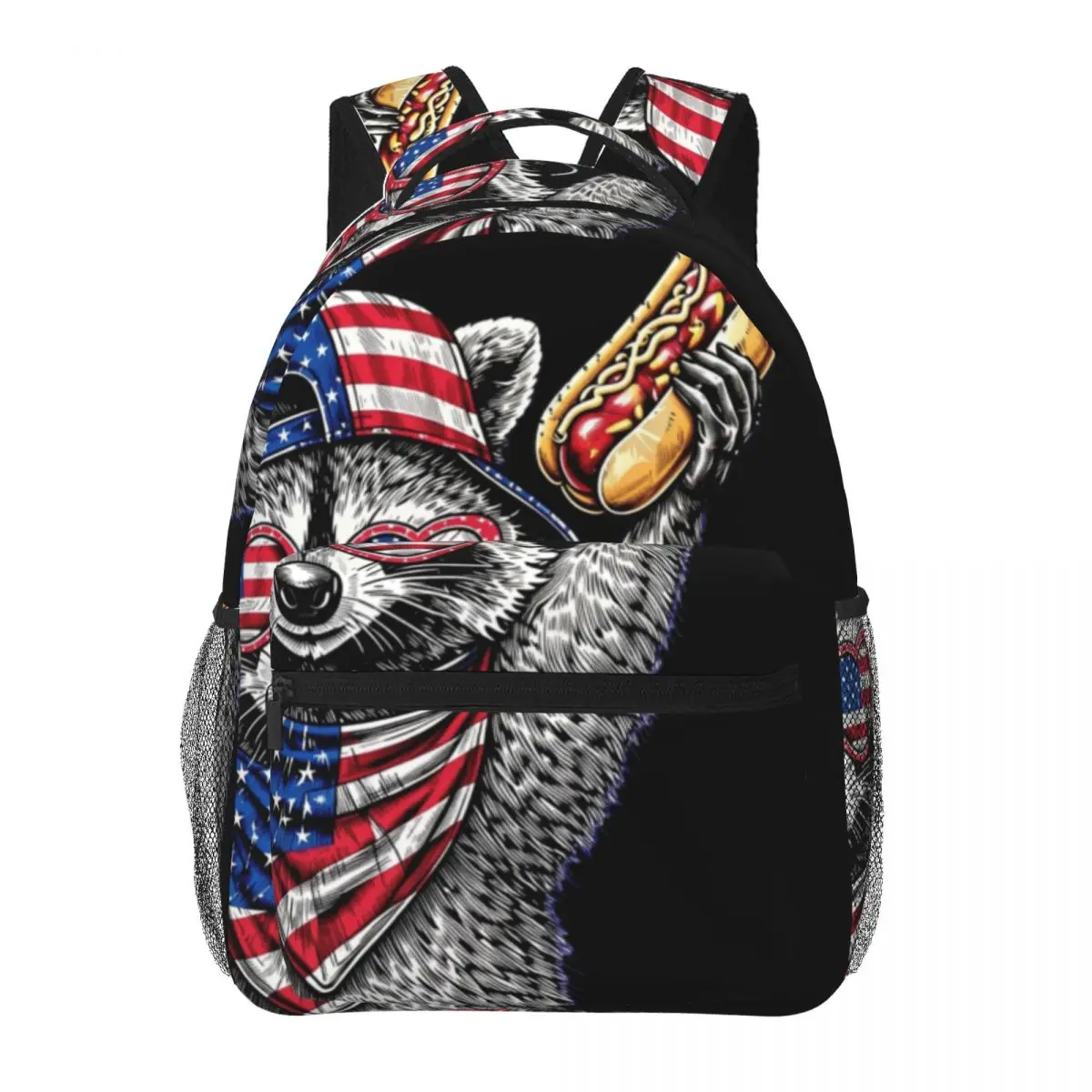 Sky Cloud Print Backpack Center Raccoon Flag Hotdog Patriotic Engraving Red White Blue Cool Bookbag for Girls Boys College Cute