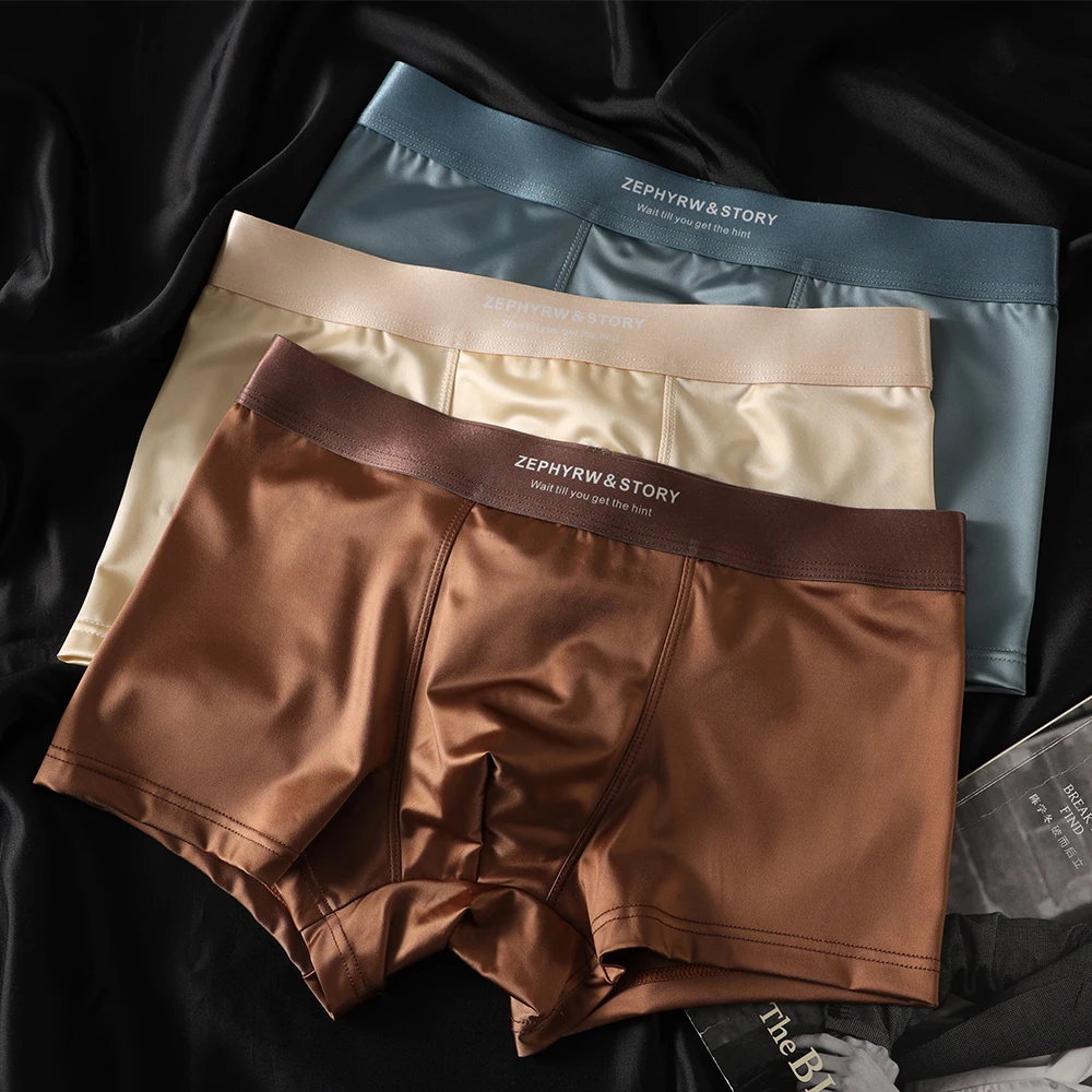 3PCS/Pack Luxury Ice Silk Satin-like Boxers Man Soft Smooth Cool Underpants Breathable Mesh 3D Double-layer Crotch Men's Panties