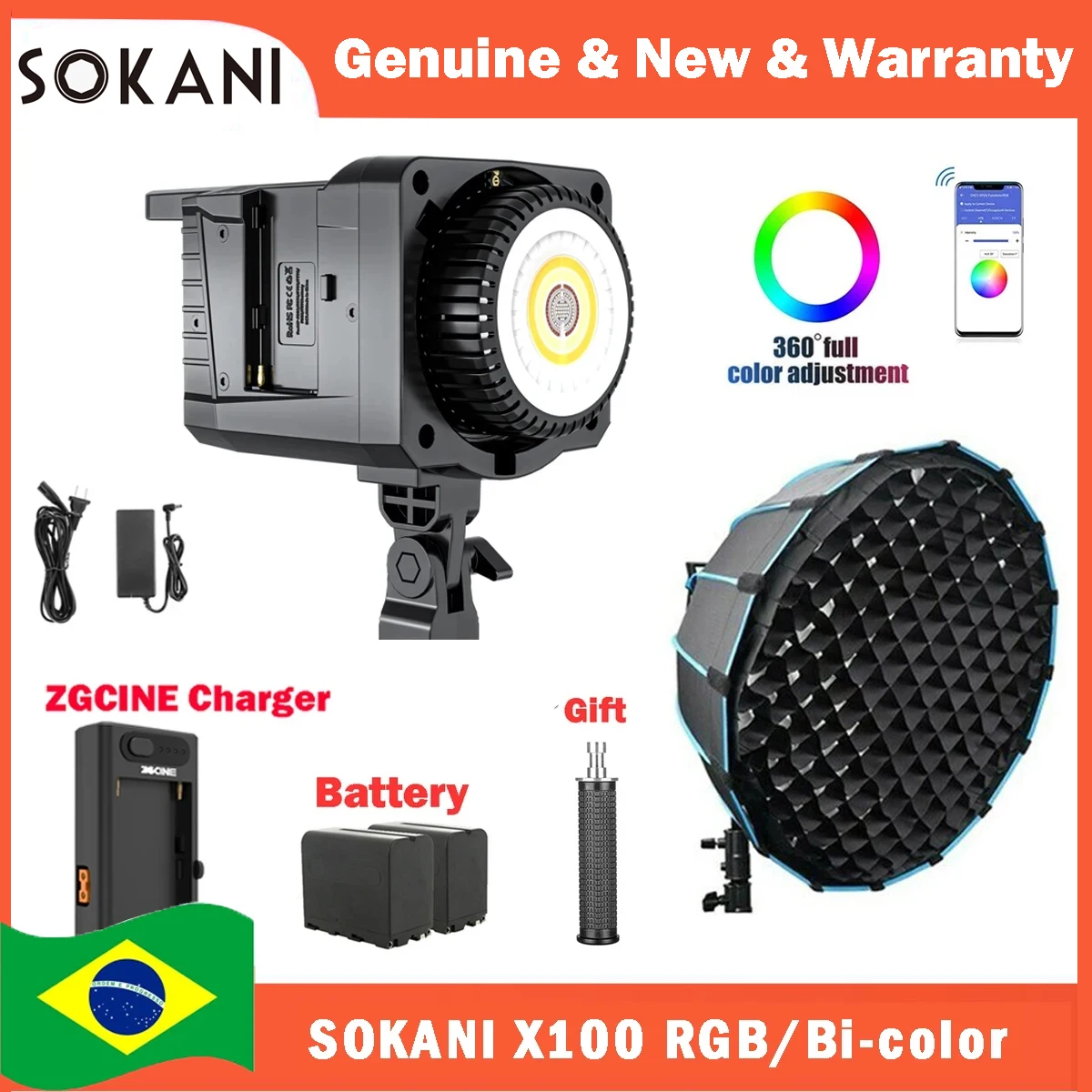 Sokani RGB 2 색 LED 비디오 조명 앱 제어, 사진 비디오 녹화 야외 촬영용 보웬스 마운트 조명, X100, 100W