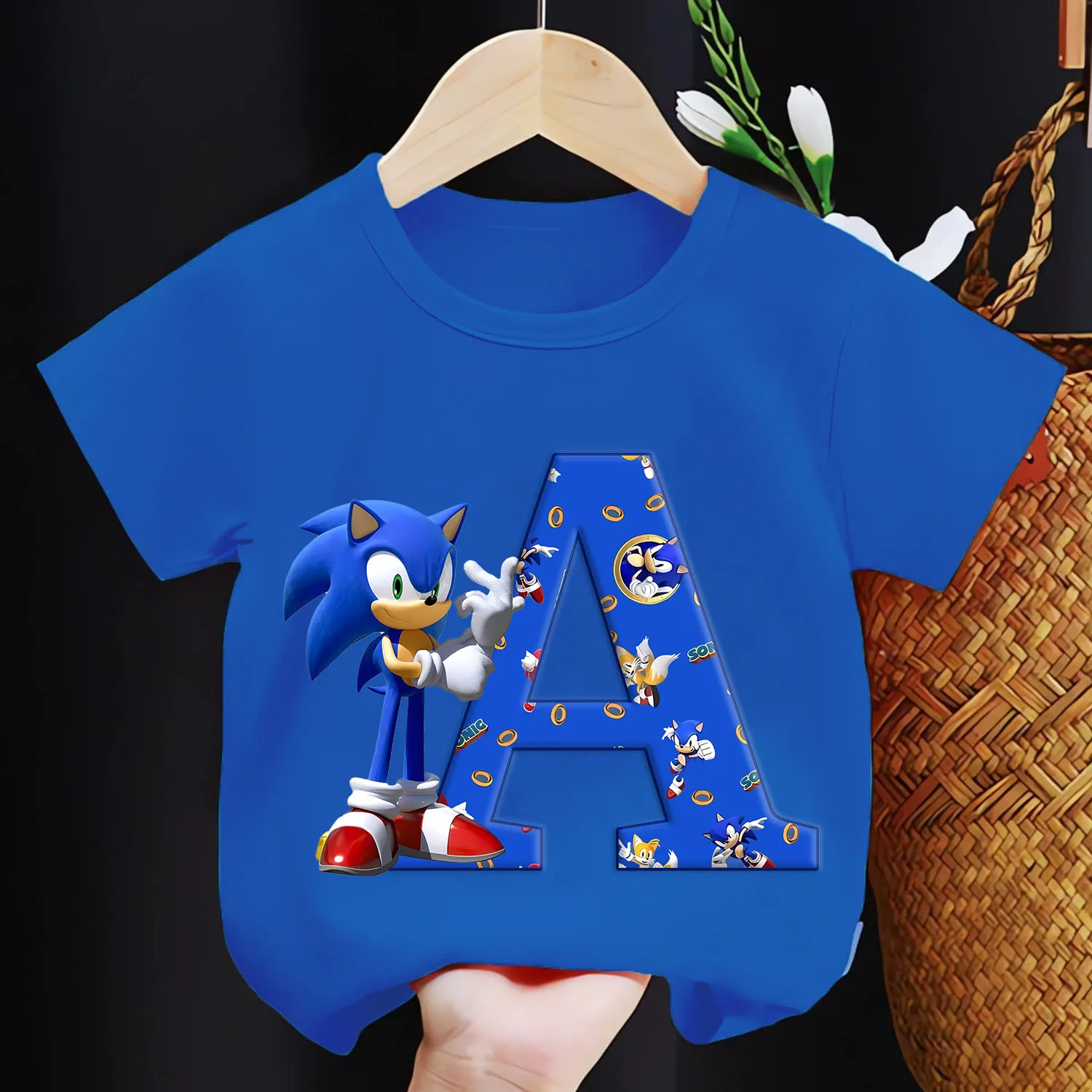 Sonic New T-shirt for Children Letters A-Z Tee Top Cartoon Boys Clothes Fashion Blue Short Sleeve Kids Anime Loose Clothing Gift