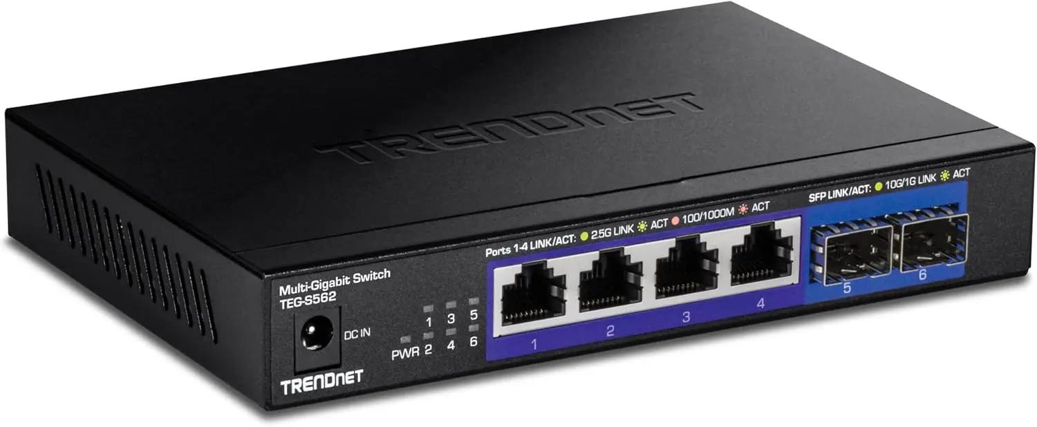 6-Port Unmanaged Multi-Gig Switch, 4 x 2.5GBASE-T, 2 x 10G SFP+, Fanless, Metal, Desktop, Black