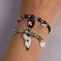 Lovely Cat Pendant Flower Rope Bracelet for Women Fashion Handmade Woven String Adjustable Chain Beads Friendship Jewelry Gift