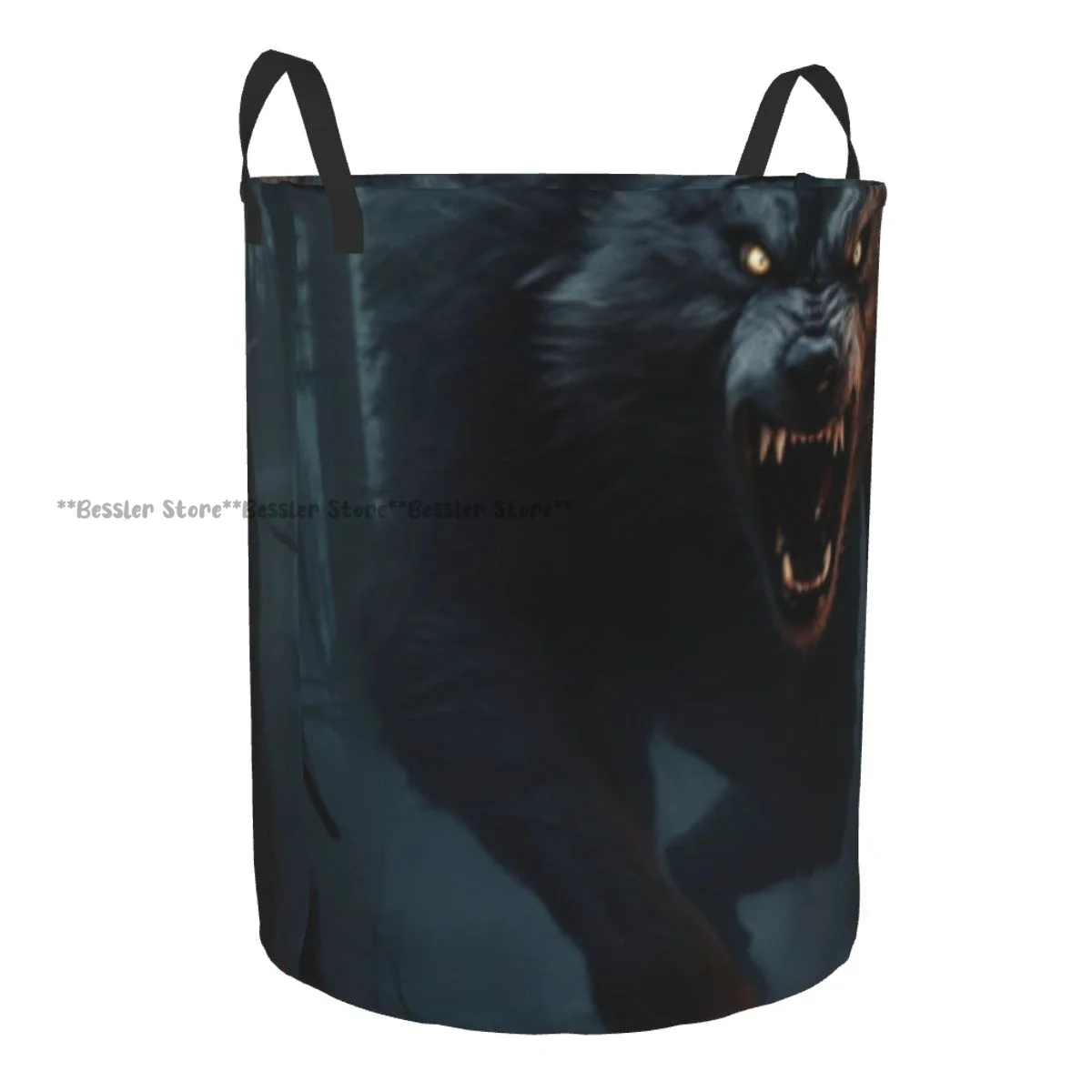 Laundry Basket Scary Wolf With Fierce Expression In Forest Round Storage Bin Collapsible Hamper Clothes Bucket Organizer