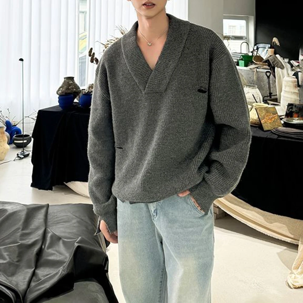 

Fashion Design Personality Solid Color Hole V-Neck Sweater Unisex 2025 Spring And Autumn New Loose Casual Knit Sweater Tops Men