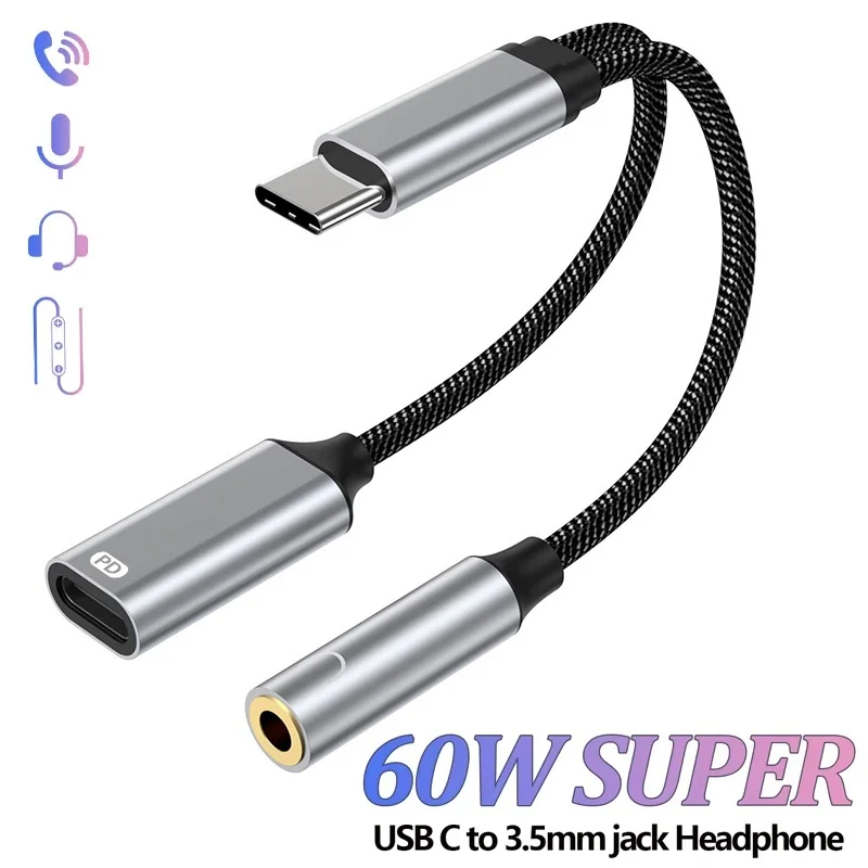 2 In 1 USB C Splitter to Dual Type USB C to 3.5mm Jack Wired Headphone Audio Adapter 60W Fast Charger For iPhone Huawei Xiaomi