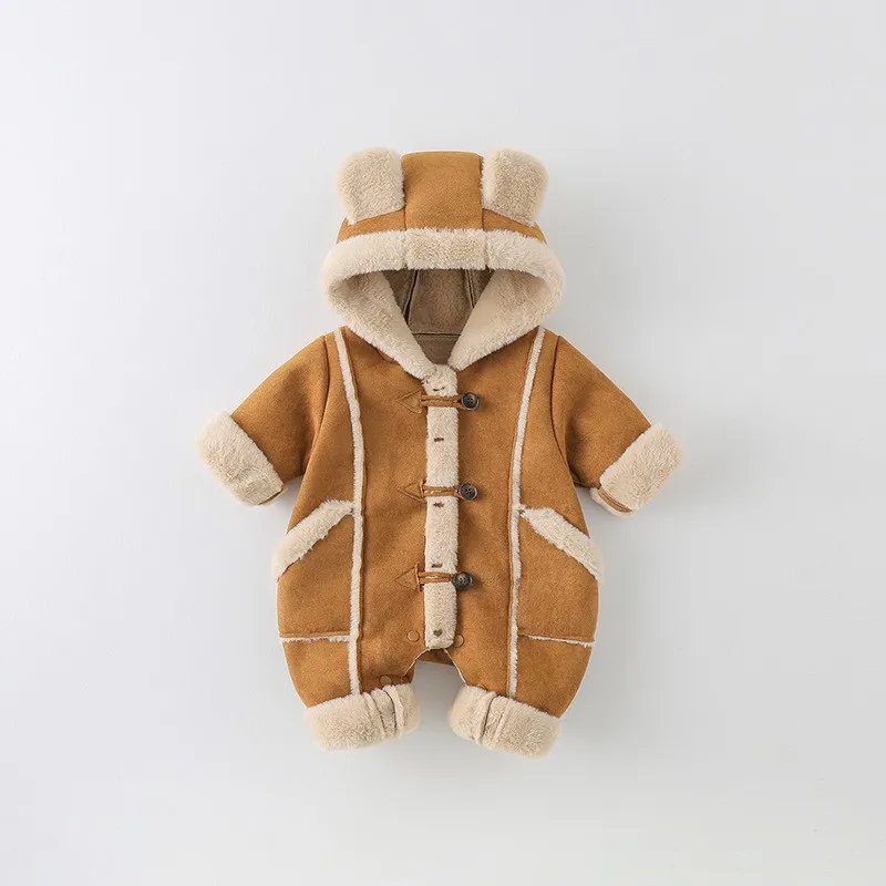 Winter Baby Hooded Romper Fleece Lined Warm Jumpsuit Cute Bear Ear Design Thick Outfit Furry Infant Party Daily Outdoor Wear