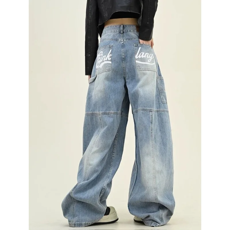 Deeptown Y2k Blue Letter Print Women Cargo Jeans Harajuku Scimitar Pocket American Retro Washed Denim Pants Baggy Hip Hop Casual