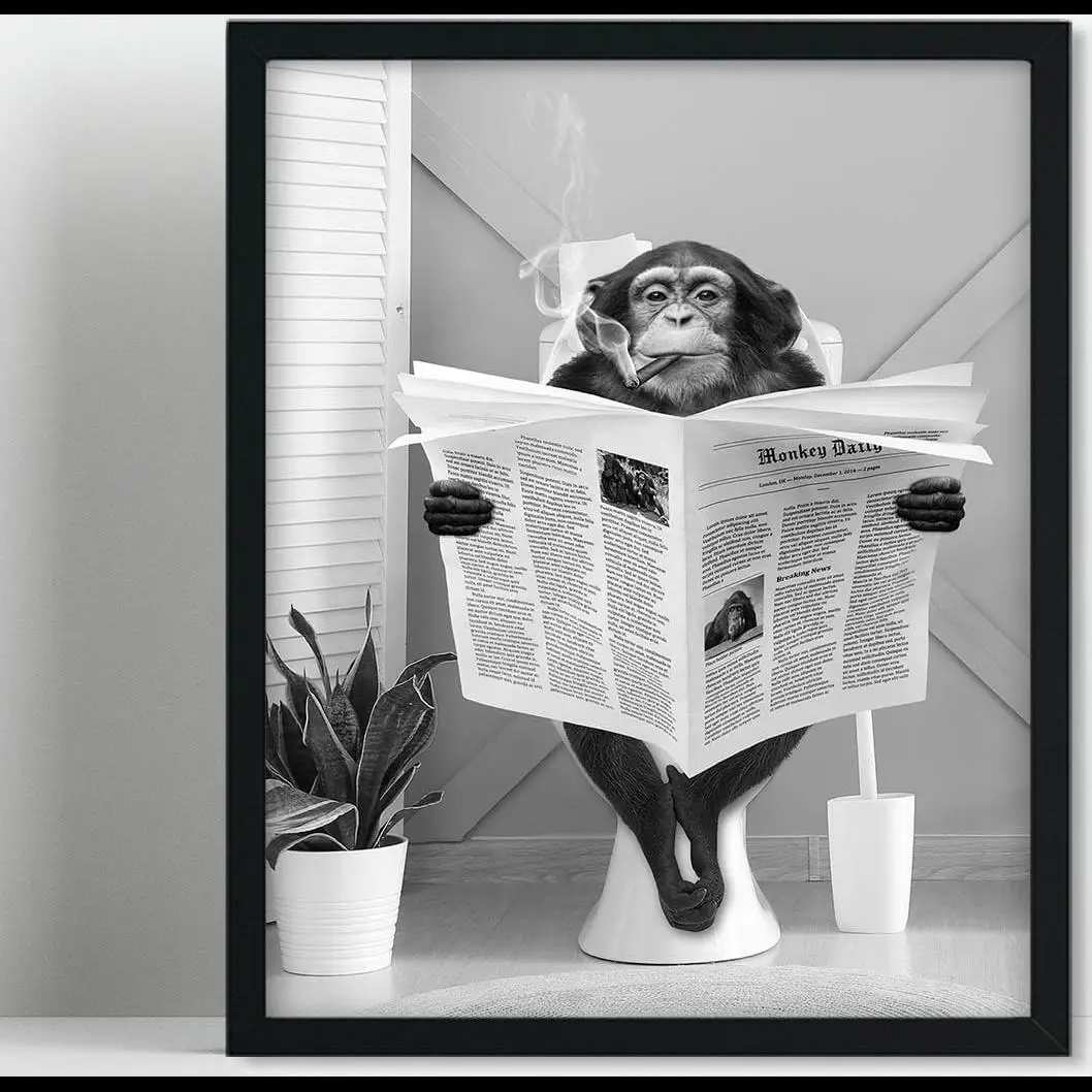 Biufo Monkey on Toilet Framed Canvas Wall Art Print  Fun Animal Poster Decor for Bedroom  Bathroom x