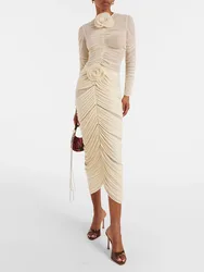 y2k spring and summer three-dimensional flowers pleated mid-length midi dresses2024 high waist thin package hip skirts for women