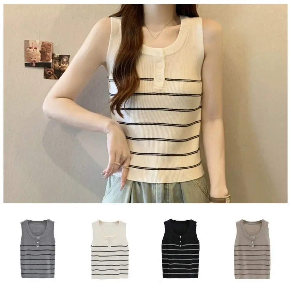 

Retro Button Stripe Slim Crop Top Y2K Round Neck Women's Vest Top Tank Undershirt Sleeveless Camisole Seaside