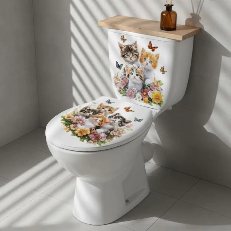 Waterproof Self Adhesive Toilet Wall Decals Cute Cat Design With Butterfly Floral Details For Home Decor Ornament